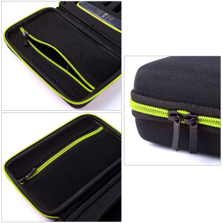 EVA shaver case detail with mesh holder and double zipper, neon-green trim