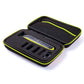 Protective electric shaver case, black with neon-green zipper and molded slots