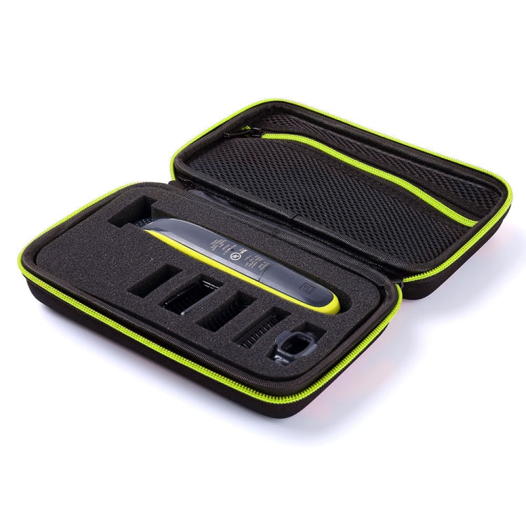 Protective electric shaver case, black with neon-green zipper and molded slots