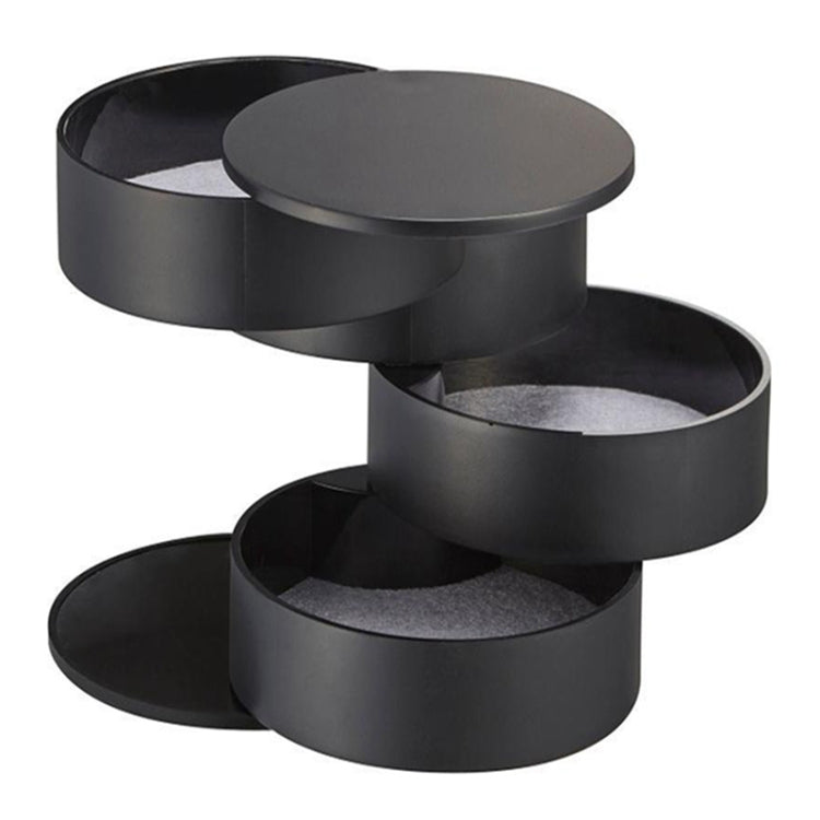 Black multi-tier jewelry storage case with lid and rotating compartments