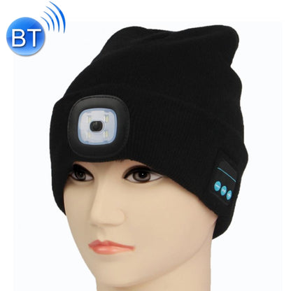 Black knit beanie with LED module and blue Bluetooth control icons on side