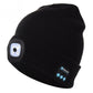 Black knit beanie, side view, LED module and blue control buttons