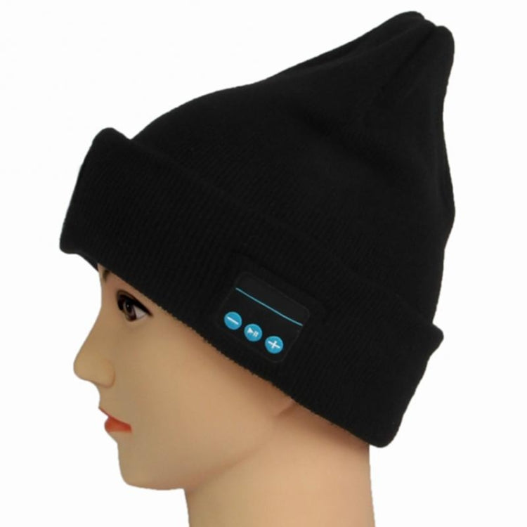 Black knit beanie in profile with LED speaker panel and blue control icons