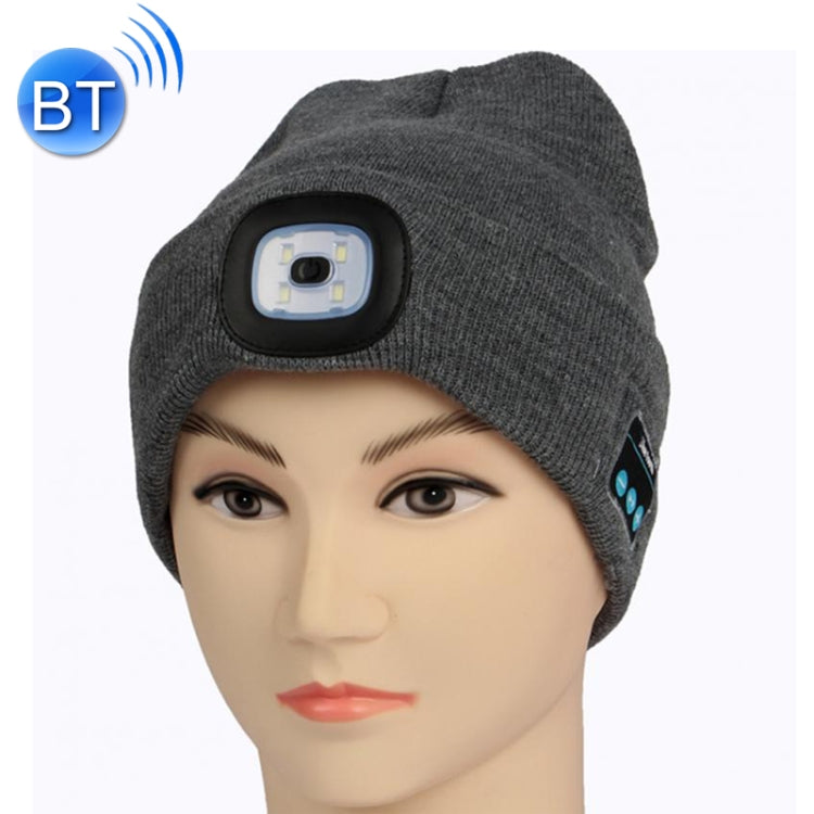 Grey knit beanie with LED module and blue Bluetooth control icons on side