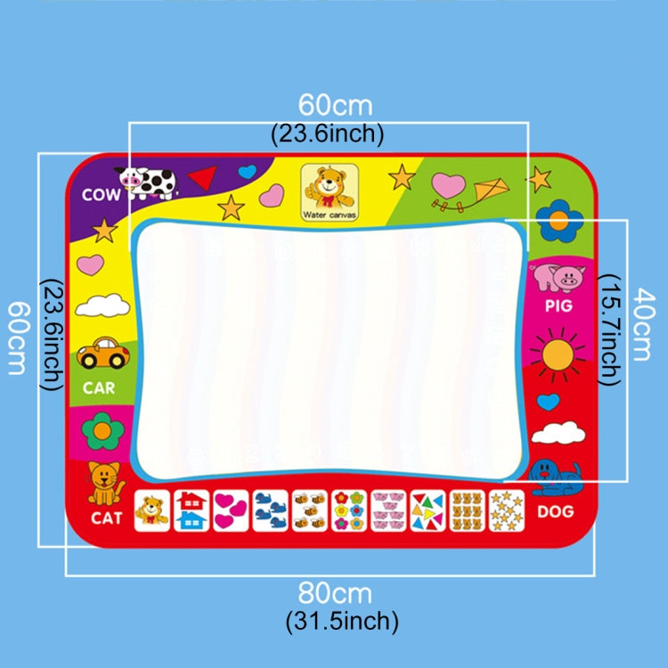 Animal-themed water drawing mat with colorful border and marked size outline