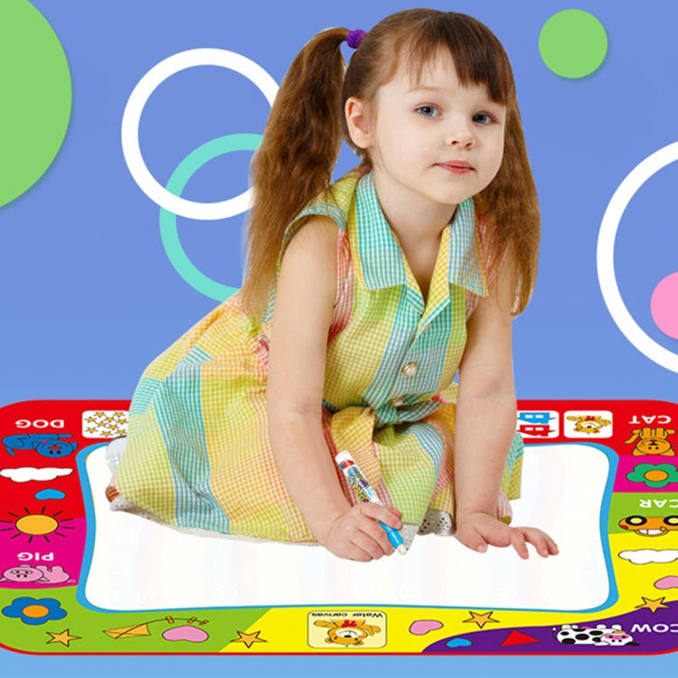 Water doodle mat with white drawing screen, animal icons, and water pen