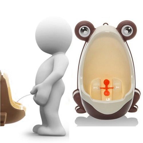 Brown frog-shaped wall-mounted kids potty toilet with beige bowl and red handle