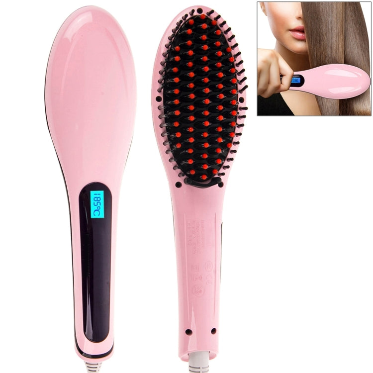 Pink heated hair straightener comb with LCD temperature display
