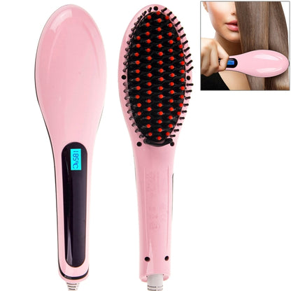 Pink heated hair straightener comb with LCD temperature display