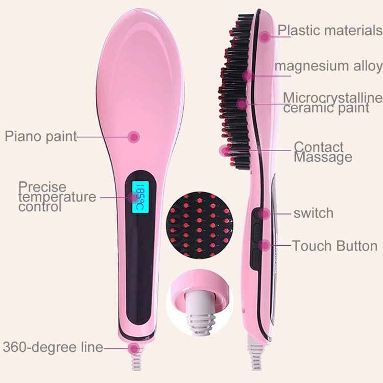 Pink heated hair straightener comb with touch controls and power cord