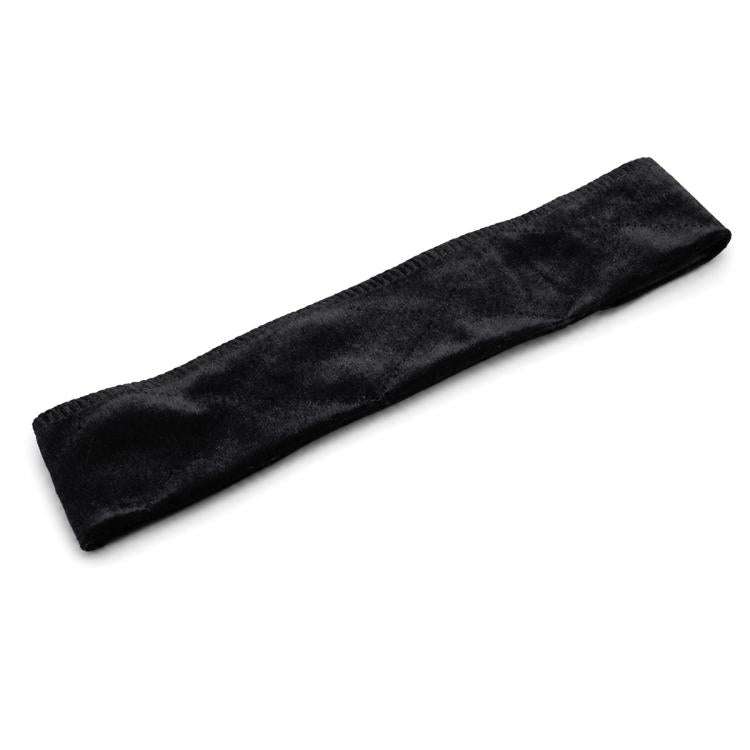 Black velvet headband with stitched edges, slim wide flat band.
