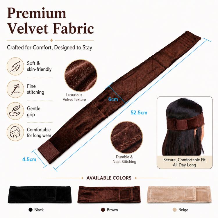 Dark brown velvet headband, long flat band with visible stitching.