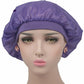Purple satin bonnet with wide band and gathered ruffles around the head opening
