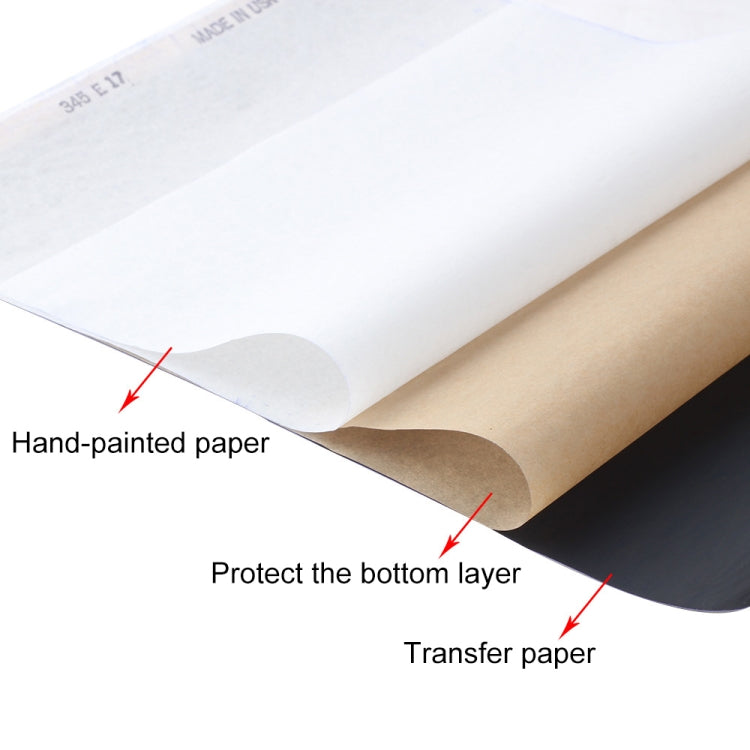 Layered tattoo transfer paper close-up: hand-painted top, protective bottom layer