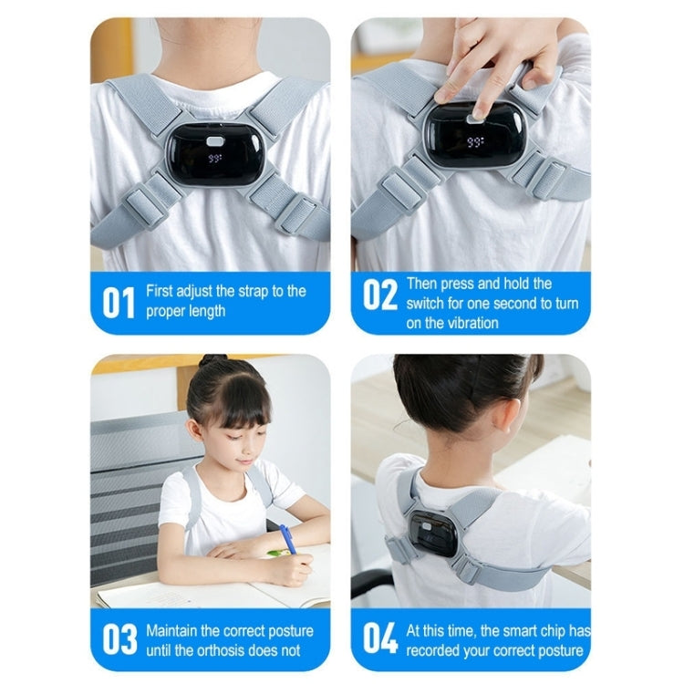 Light blue posture corrector infographic showing strap fitting and sensor vibration