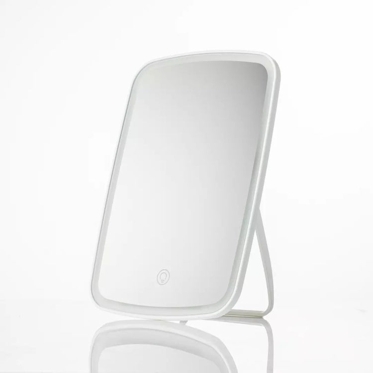 White single-sided square desktop LED cosmetic mirror with rounded frame and stand