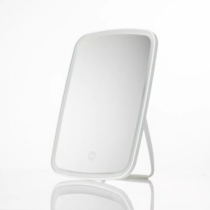 White single-sided square desktop LED cosmetic mirror with rounded frame and stand