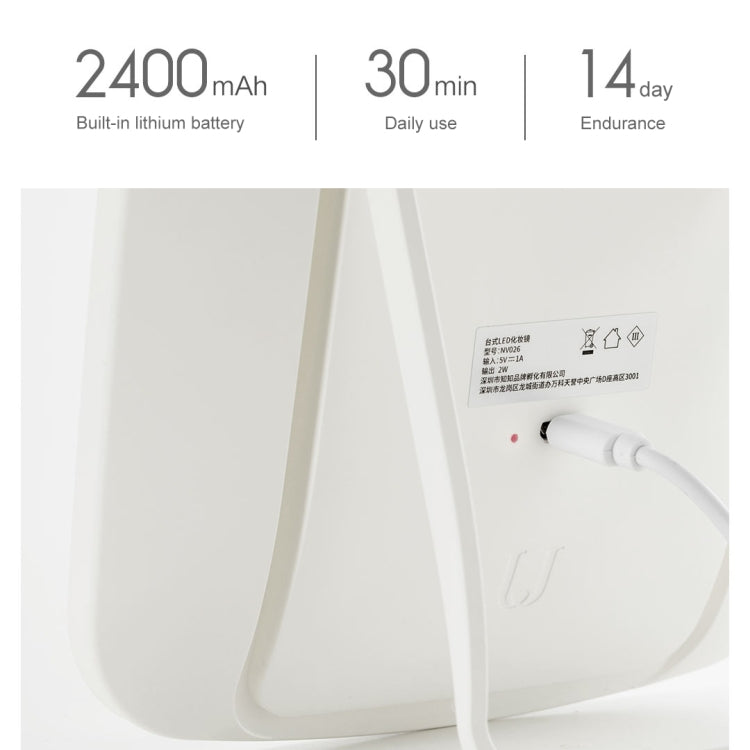 White square desktop LED cosmetic mirror with visible charging cable connection