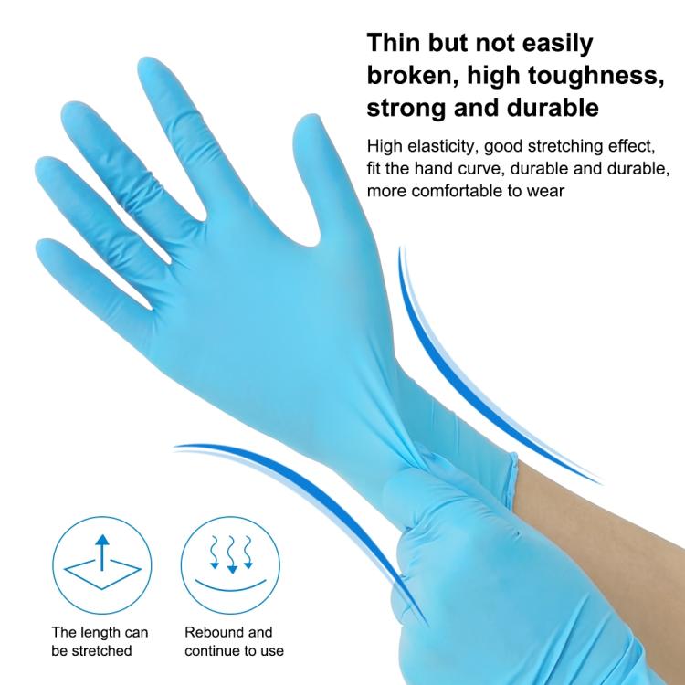 Blue nitrile glove, stretched and flexed fingertip view