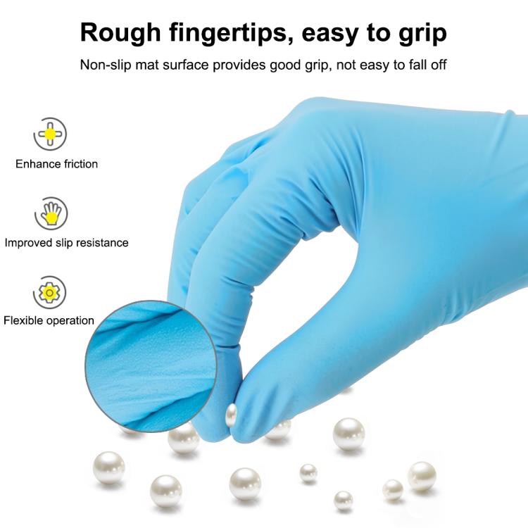 Blue disposable nitrile glove with textured fingertips for better grip