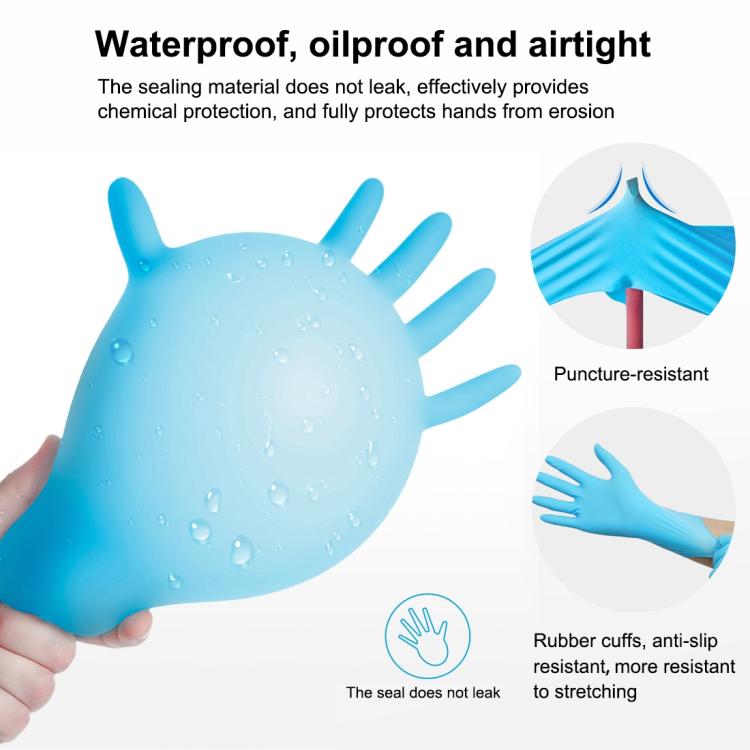 Blue disposable nitrile gloves with water droplets on the palm
