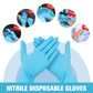 Blue disposable nitrile gloves, pair of hands wearing, size L