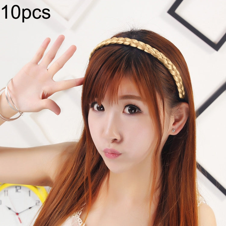Twist braid hair headband with beige-gold braided band, worn across the hairline