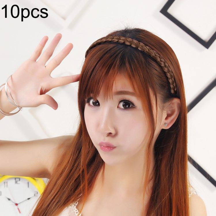 Twist braid hair headband with dark brown braided band, worn on top of hair