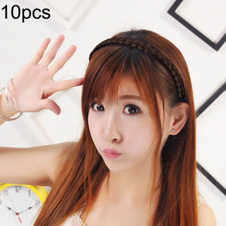 Twist braid hair headband with dark brown braided band, worn on top of hair