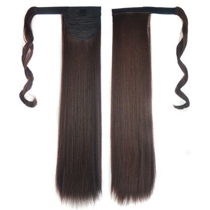 Long straight dark-brown ponytail wig hair extension, two-piece view on black base