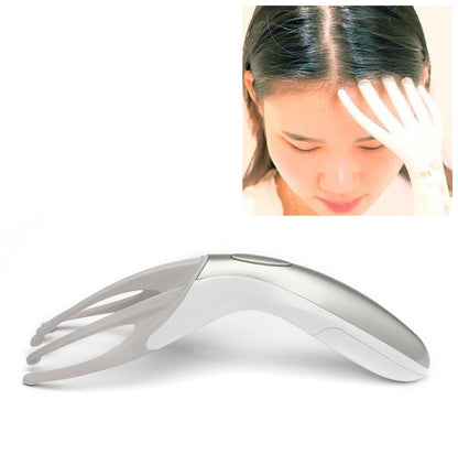 White head massager comb with five curved prongs and handheld body, battery powered