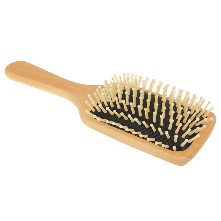 Large wooden massage hair comb with black rubber base and rounded pins