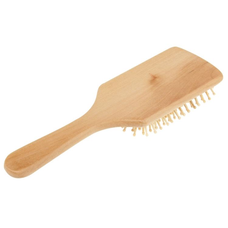 Large wooden massage hair comb with rounded handle and pin-side view