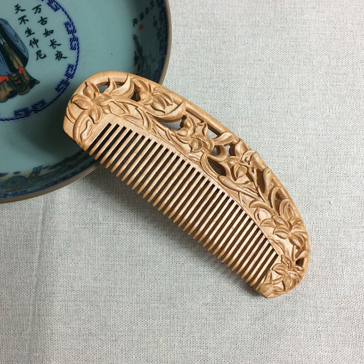 Carved wooden hair comb with floral edge, double-sided straight teeth, warm brown