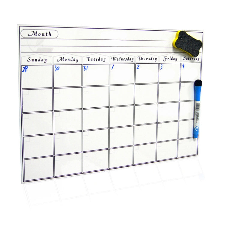 Magnetic monthly planner whiteboard with grid and black marker, magnet corners attached