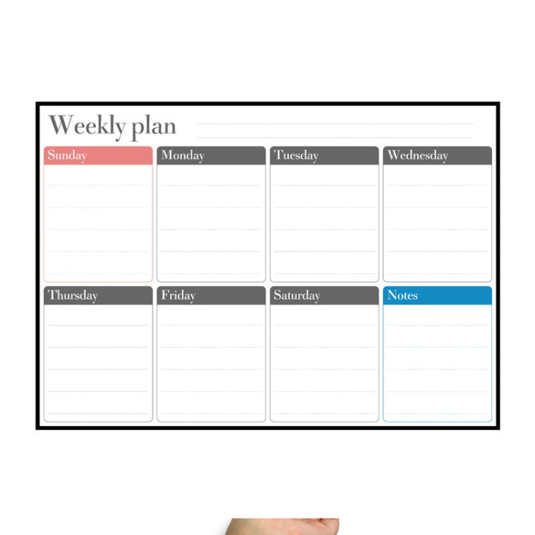 Magnetic weekly planner whiteboard with undated daily boxes and Notes section, black border