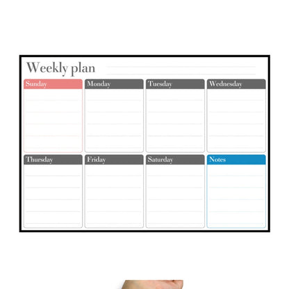 Magnetic weekly planner whiteboard with undated daily boxes and Notes section, black border