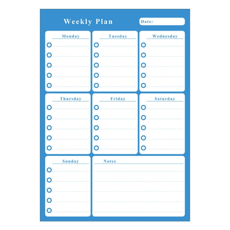 Blue magnetic weekly planner whiteboard with Monday–Sunday sections and Notes panel
