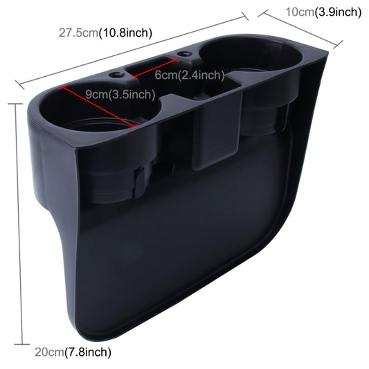 Black car seat organizer box with cup holders and center divider, size shown