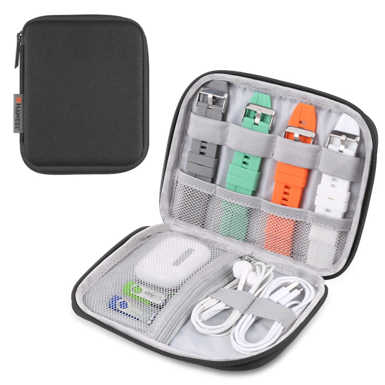 Black watch band organizer storage case with zip-top and open compartments for cables and bands