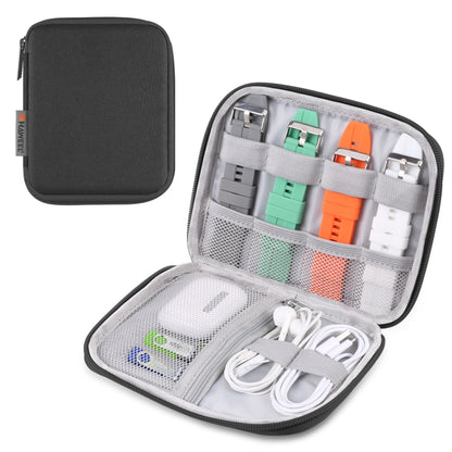Black watch band organizer storage case with zip-top and open compartments for cables and bands