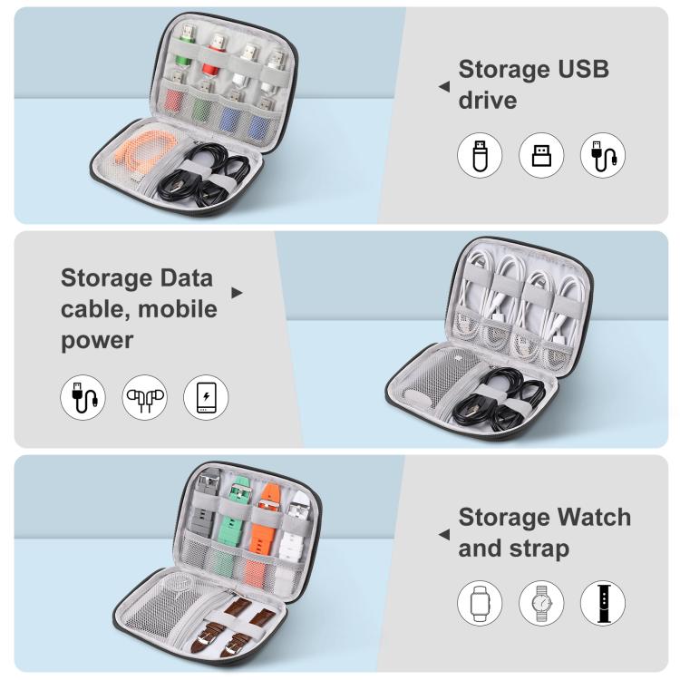 Watch band organizer case open with grid pockets for USB drive and cable storage