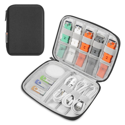Black storage organizer case with clear grid insert, holding cables, earphones, and bands
