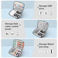 Watch band organizer case interior layouts for USB drive, data cables, and strap storage