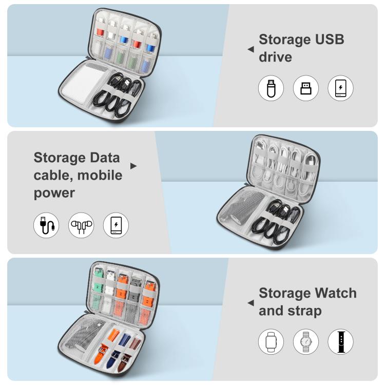 Watch band organizer case interior layouts for USB drive, data cables, and strap storage