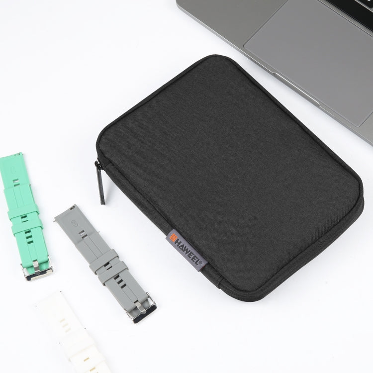 Black zipped storage case with watch straps shown beside it on a flat surface