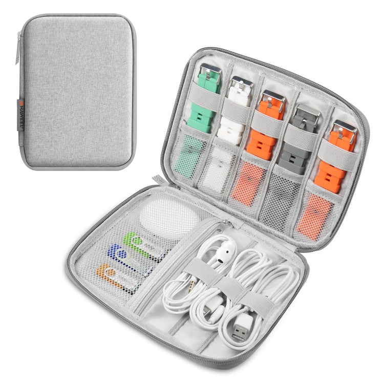 Light gray storage organizer case with clear grid insert for cables, earphones, and watch bands