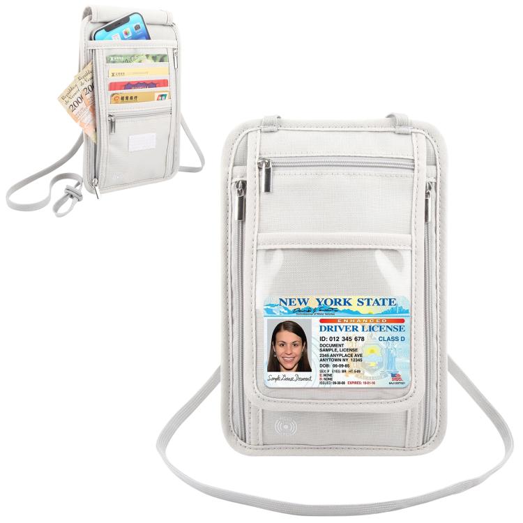 White neck passport wallet pouch with clear ID window, zip pockets, and adjustable strap