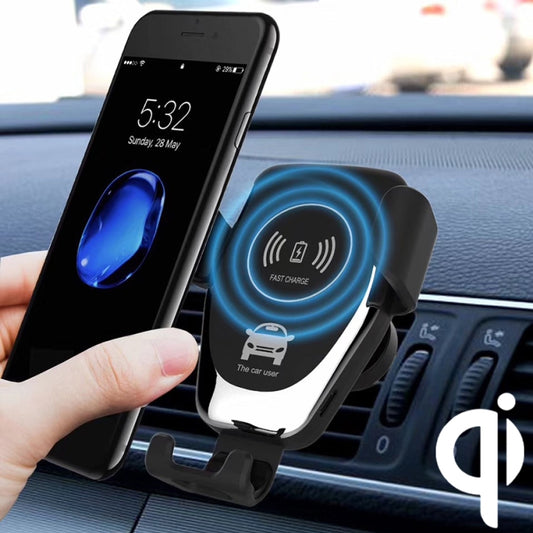 Black car air-vent Qi wireless charger with phone holder and fast-charge indicator