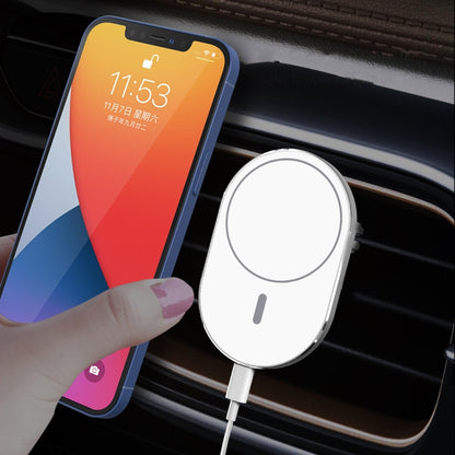 MagSafe-style car air vent wireless charger mount with white circular charging face